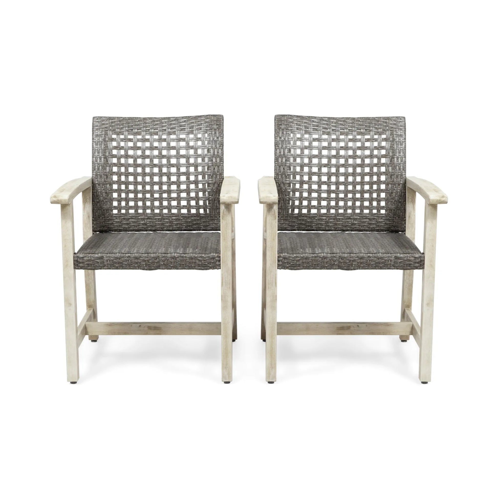 Outdoor Dining Chair Set of 2, Light Grey Wash Acacia Wood Frame and Mix Black PE Rattan Wicker – view 1