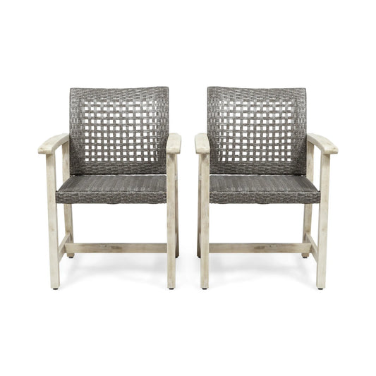 Outdoor Dining Chair Set of 2, Light Grey Wash Acacia Wood Frame and Mix Black PE Rattan Wicker – view 1