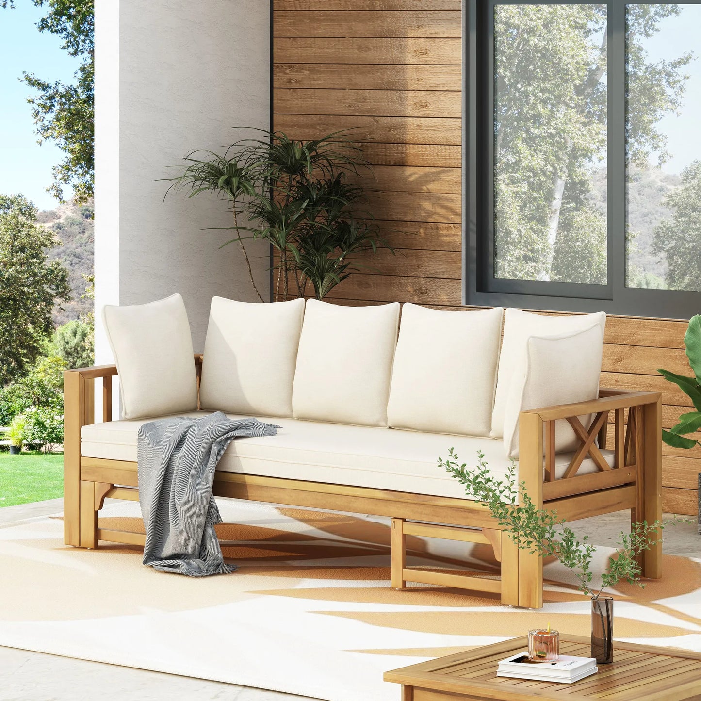 Outdoor Extendable Acacia Wood 3 Seater Sofa, Upholstered Cushion Couch, Daybed Sofa Chair, Spacious Seating Lounge Chair, Patio Daybed Sofa for – view 1