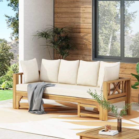 Outdoor Extendable Acacia Wood 3 Seater Sofa, Upholstered Cushion Couch, Daybed Sofa Chair, Spacious Seating Lounge Chair, Patio Daybed Sofa for – view 1