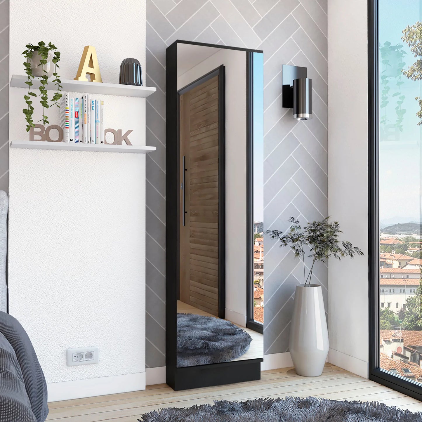 Xl Shoe Rack, Mirror, Five Interior Shelves, Single Door Cabinet -Black – view 1