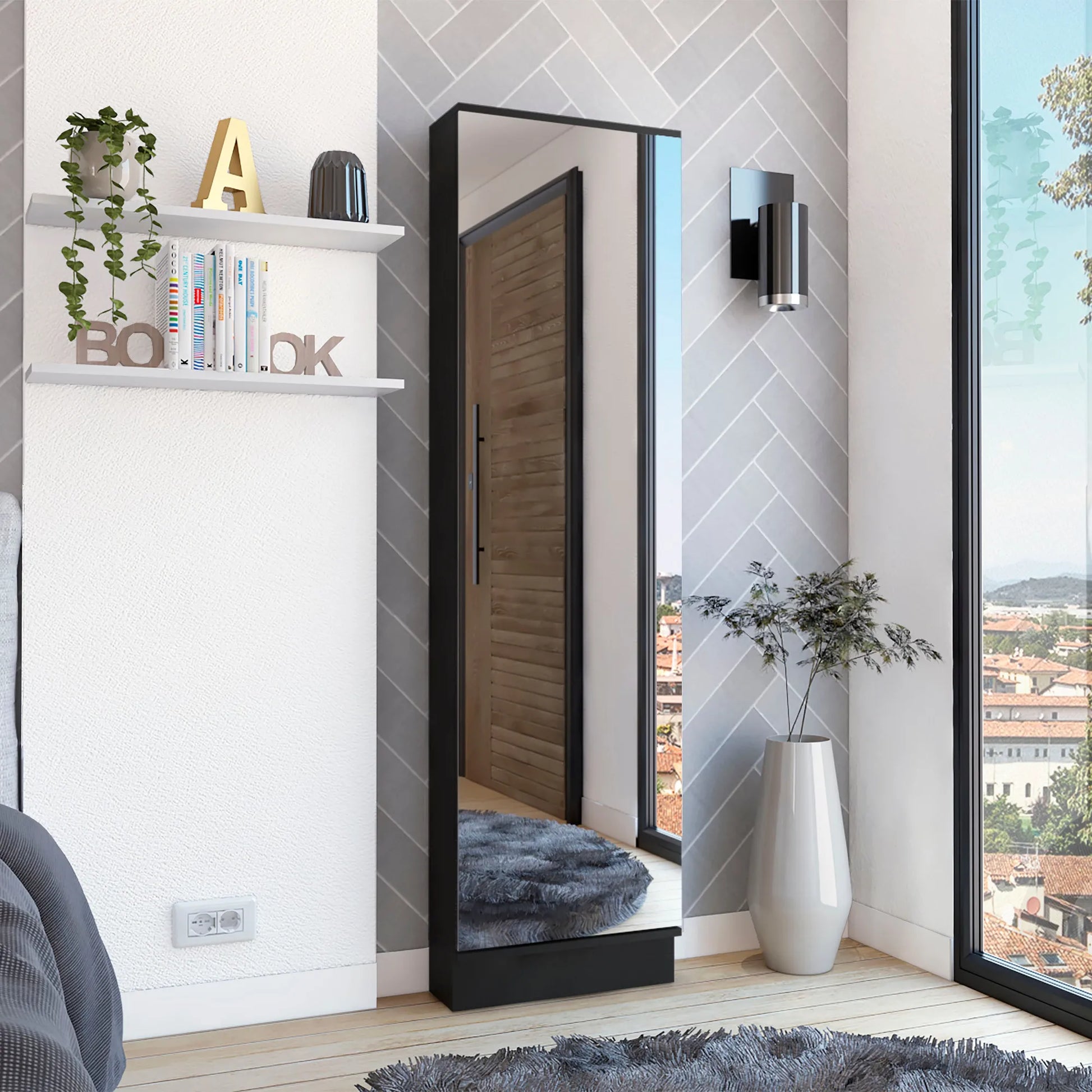 Xl Shoe Rack, Mirror, Five Interior Shelves, Single Door Cabinet -Black – view 1