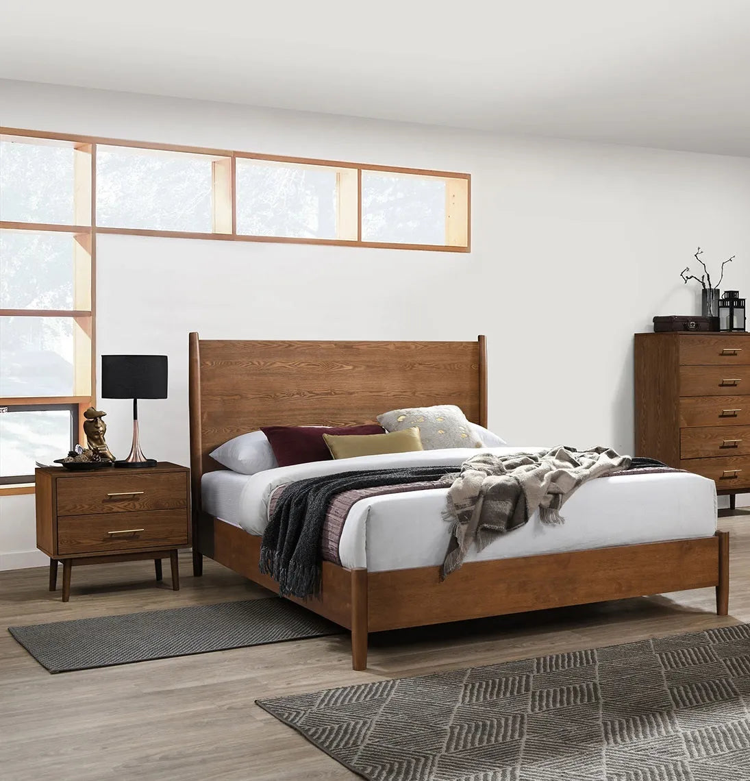 Walnut Color Panel Headboard 3pc Bedroom Set Queen Size Bed 2x Nightstands Wooden Mid-Century Modern Style – view 1