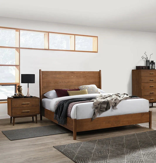 Walnut Color Panel Headboard 3pc Bedroom Set Queen Size Bed 2x Nightstands Wooden Mid-Century Modern Style – view 1