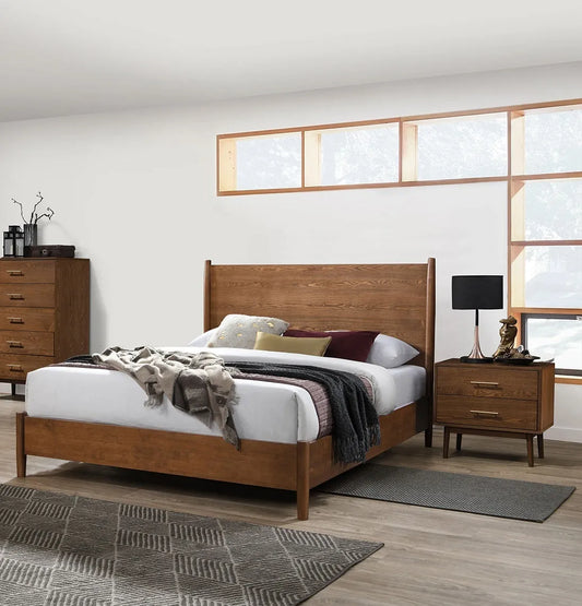Walnut Color Panel Headboard 3pc Bedroom Set Full Size Bed 2x Nightstands Wooden Mid-Century Modern Style – view 1