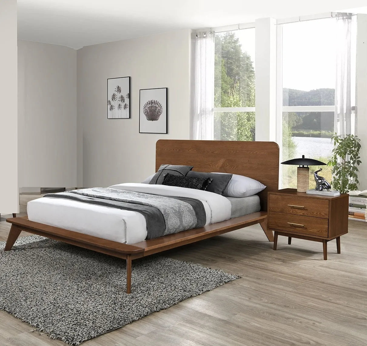Platform Bed Walnut Color 3pc Bedroom Set King Size Bed 2x Nightstands Wooden Mid-Century Modern Style – view 1