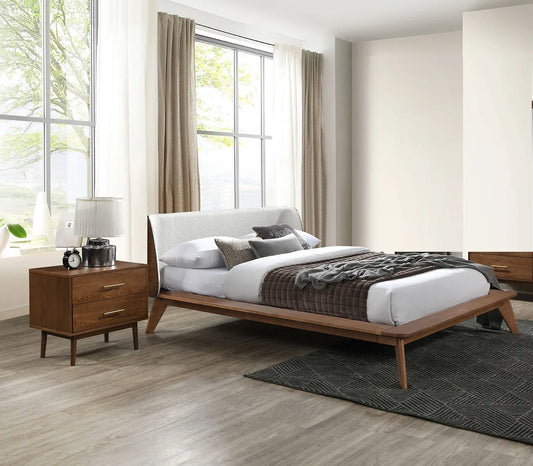 Gorgeous Walnut 3pc Bedroom Set King Size Bed 2x Nightstands Beige Upholstered Fabric Winged Edge Panel HB Mid-Century Modern Style – view 1