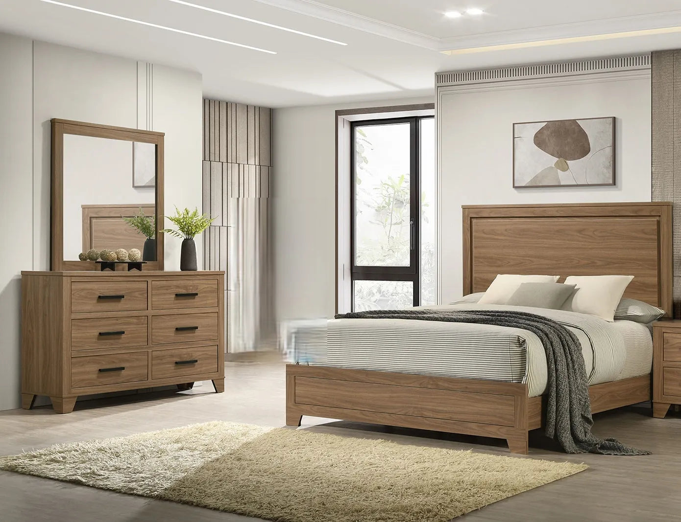 Walnut / Chestnut 3pc Set Queen Size Bed Dresser And Mirror Panel HB Bedroom Furniture Wooden Transitional – view 1