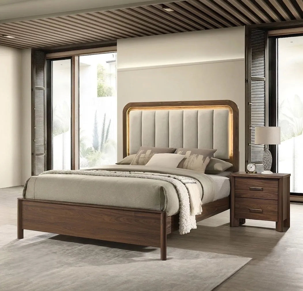 Walnut Gorgeous Queen Size Bed Nightstands Set Panel Bed HB w LED Warm Light Bedroom Set 3pc – view 1