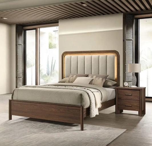 Walnut Gorgeous Queen Size Bed Nightstands Set Panel Bed HB w LED Warm Light Bedroom Set 3pc – view 1