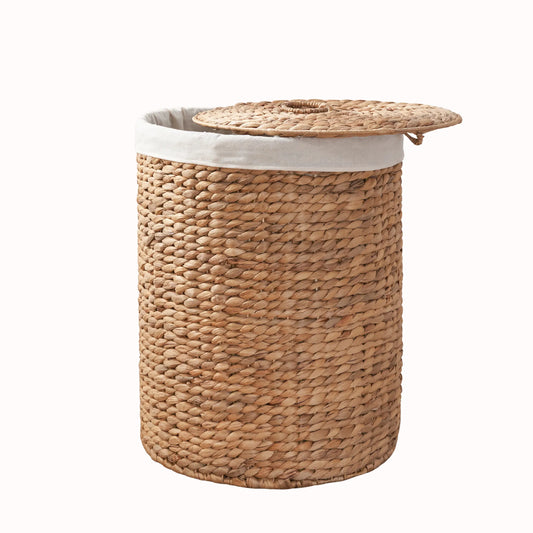 Round Tall Water Hyacinth Woven Wicker Laundry Hamper with Lid - For Clothes, Canvas, Toys and Book Storage with Removable Liner - 15' x 15' x 20'  – view 1