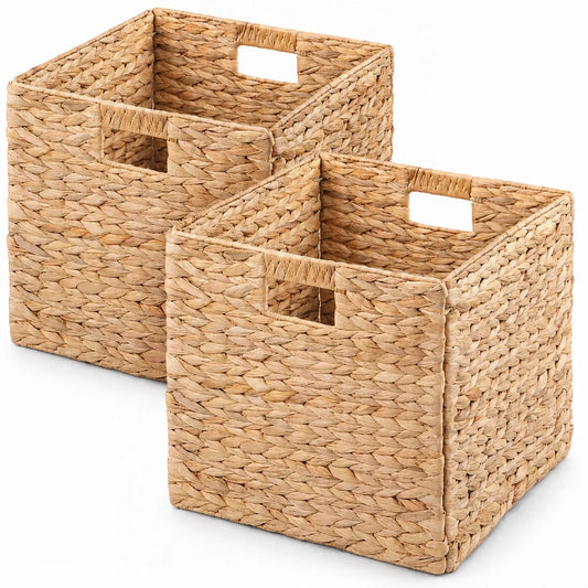 Water Hyacinth Folding Storage Baskets, Set of 2, Natural, 12.6' x 12.6' x 12.6', Handwoven Cube Baskets with Cutout Handles – Shelf Organizer, Toy – view 1