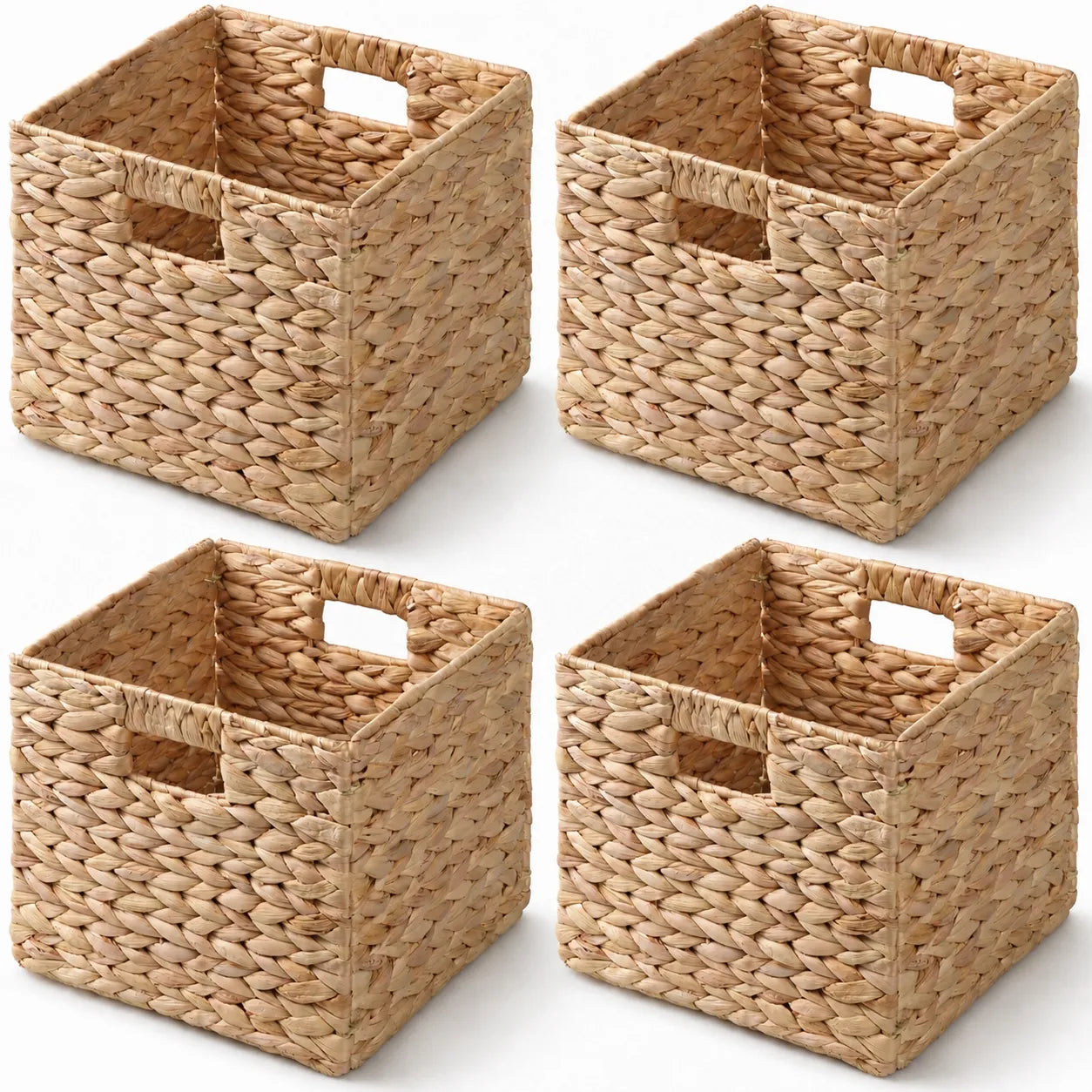 Water Hyacinth Folding Storage Baskets, Set of 4, Natural, 11.0' x 11.0' x 9.8', Handwoven Cube Baskets with Cutout Handles - Closet Organizer, Toy – view 1