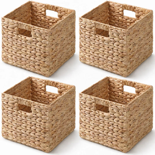 Water Hyacinth Folding Storage Baskets, Set of 4, Natural, 11.0' x 11.0' x 9.8', Handwoven Cube Baskets with Cutout Handles - Closet Organizer, Toy – view 1