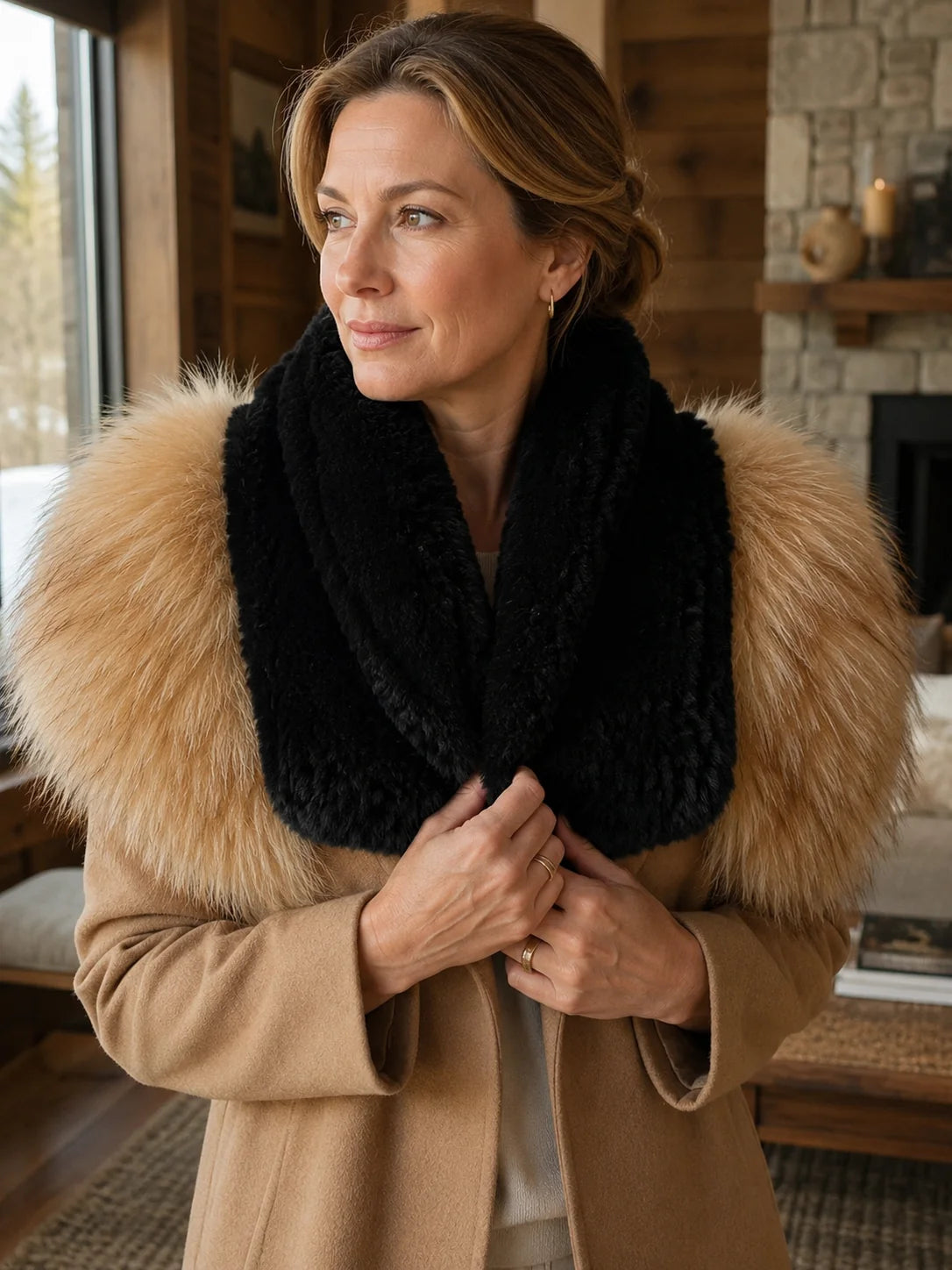 Woman wearing a black rabbit fur wrap with champagne fox fur panels in a winter interior