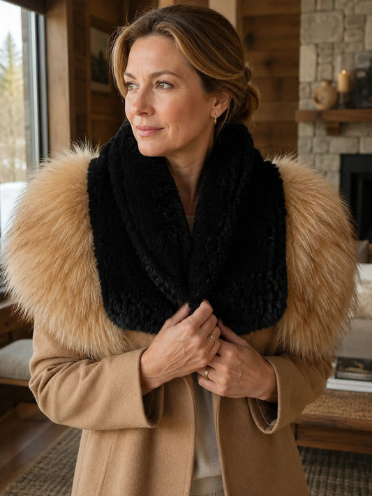 Woman wearing a black rabbit fur wrap with champagne fox fur panels in a winter interior