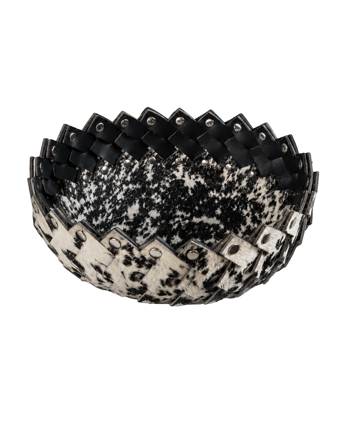 Black and ivory genuine cowhide catchall bowl on transparent background