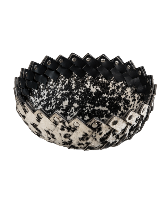 Black and ivory genuine cowhide catchall bowl on transparent background