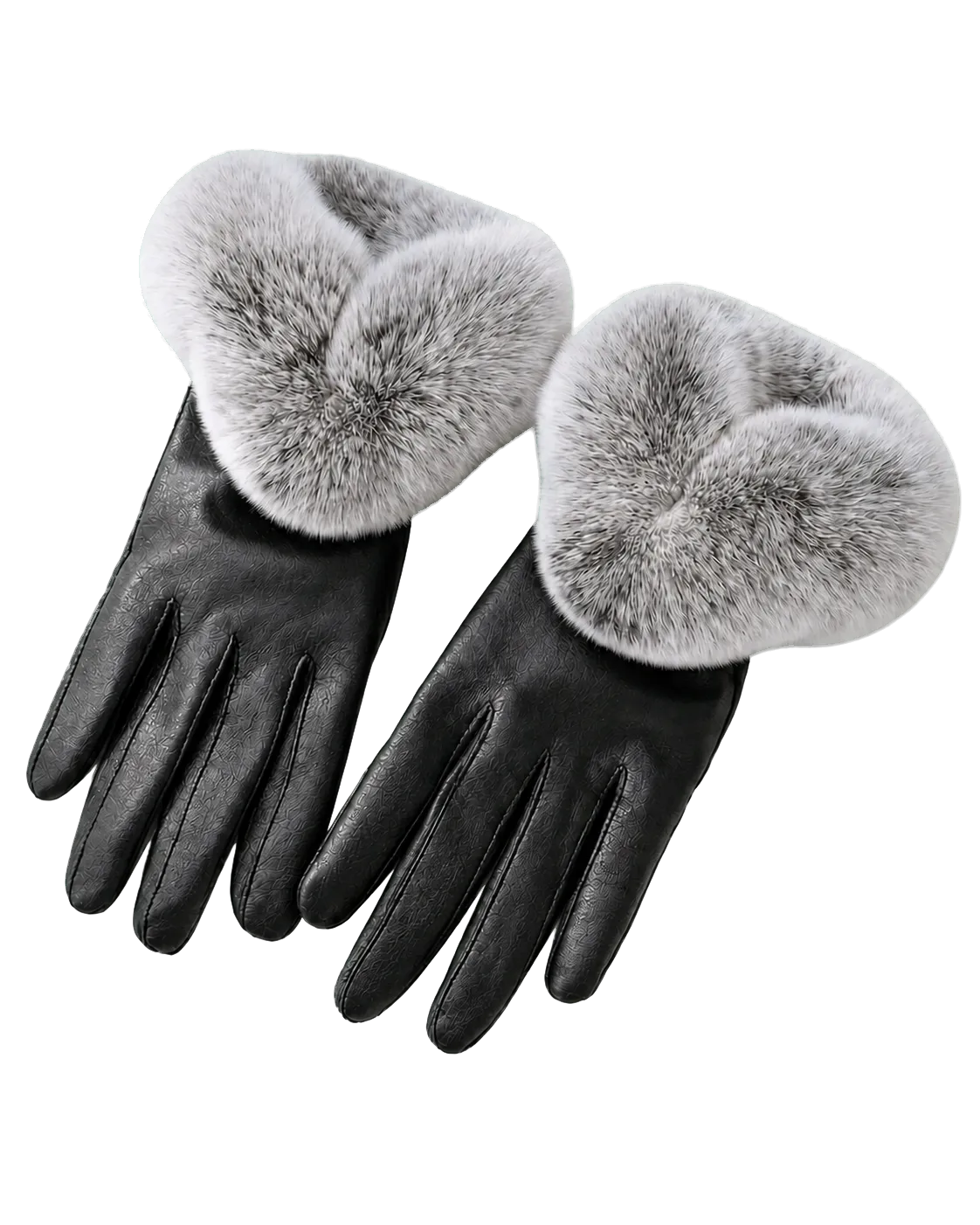Black women's genuine leather gloves with silver gray Rex rabbit fur cuffs