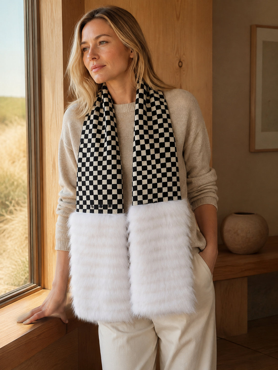 Woman wearing a black-and-white checkerboard fox fur scarf in a warm winter interior