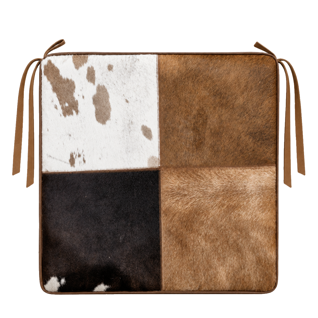 Brown genuine cowhide patchwork square chair pad with leather border and tie straps on transparent background