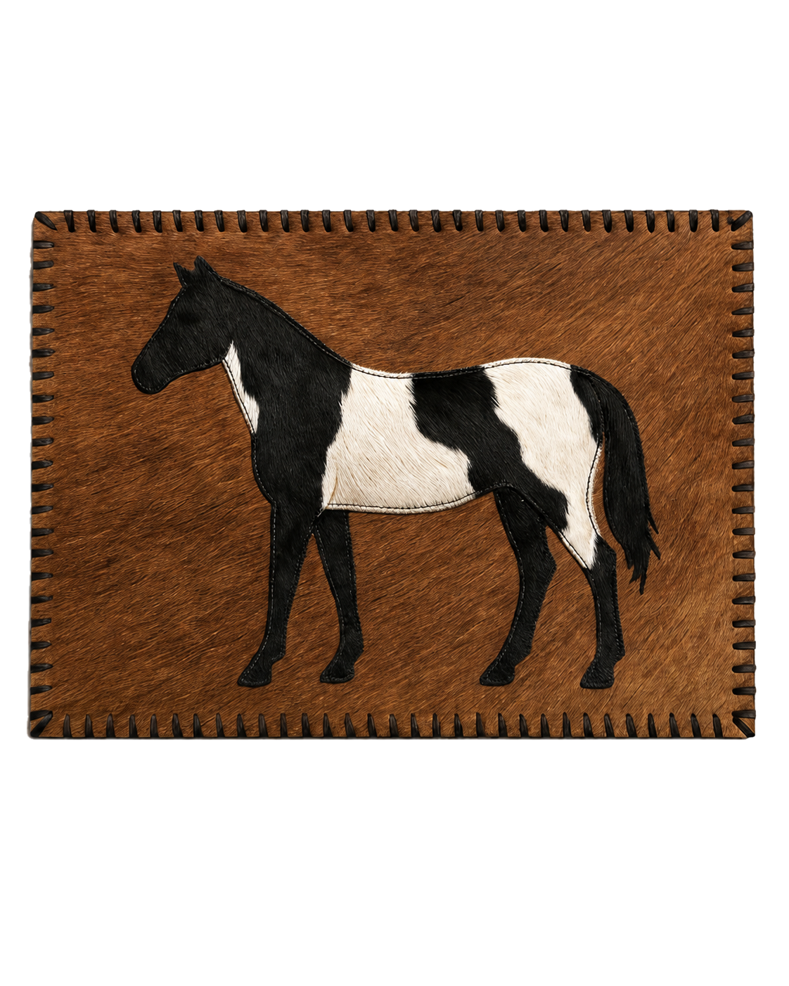 Brown genuine cowhide Western placemat with black and ivory horse inlay on transparent background