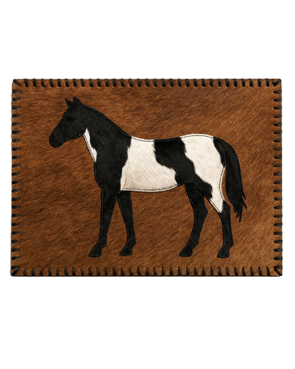 Brown genuine cowhide Western placemat with black and ivory horse inlay on transparent background