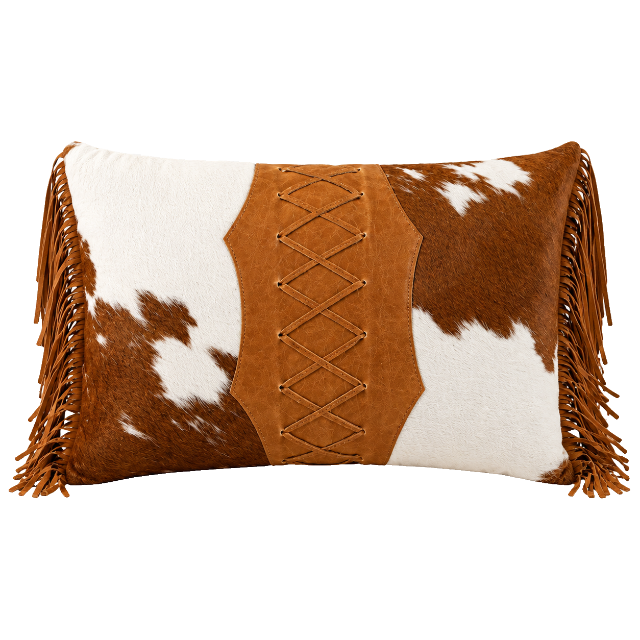 Brown and ivory genuine cowhide laced lumbar pillow with leather fringe on transparent background