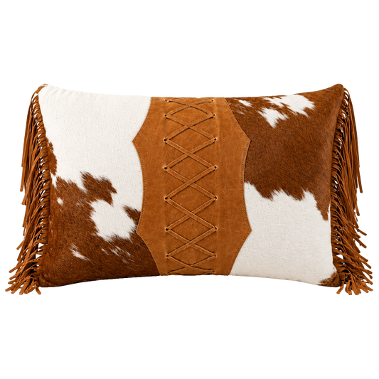 Brown and ivory genuine cowhide laced lumbar pillow with leather fringe on transparent background