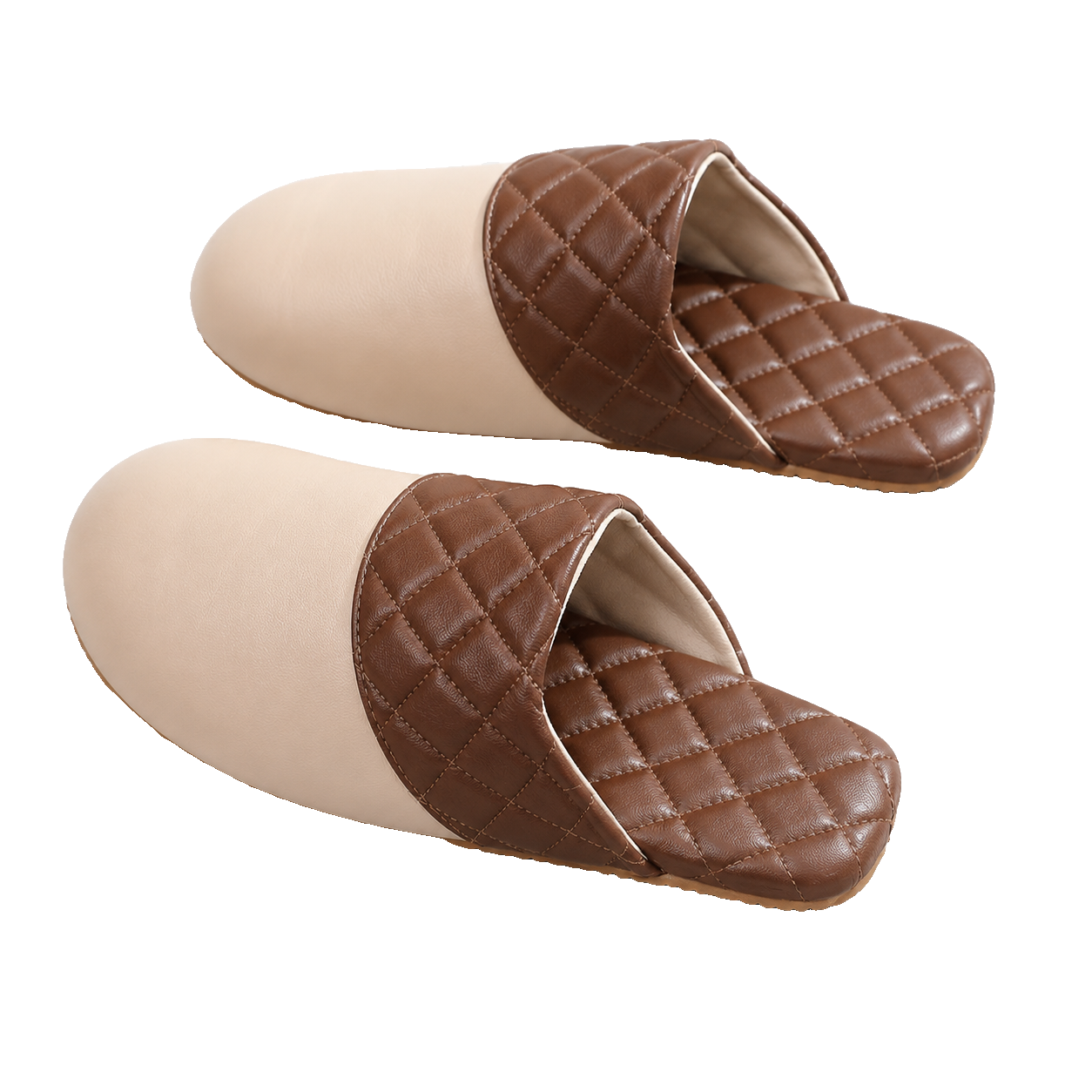 Camel Beige genuine lambskin leather house slippers on a transparent background
