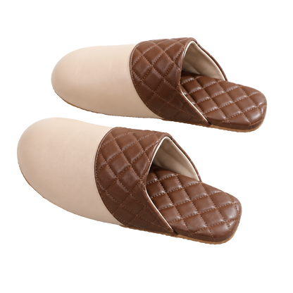 Camel Beige genuine lambskin leather house slippers on a transparent background