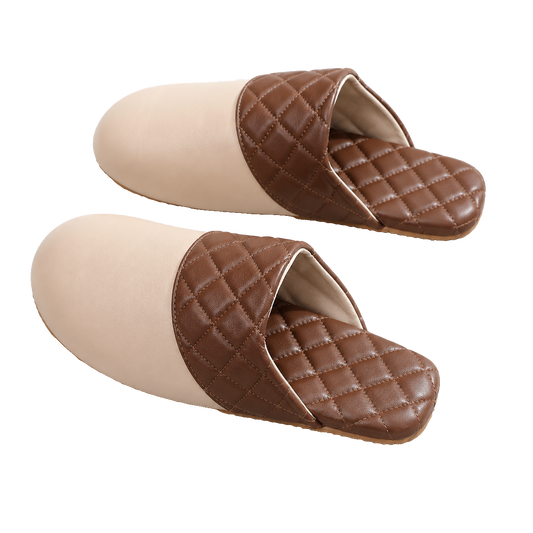 Camel Beige genuine lambskin leather house slippers on a transparent background