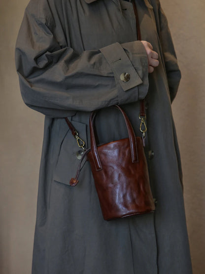 Women's coffee brown vegetable-tanned top-grain cowhide bucket bag