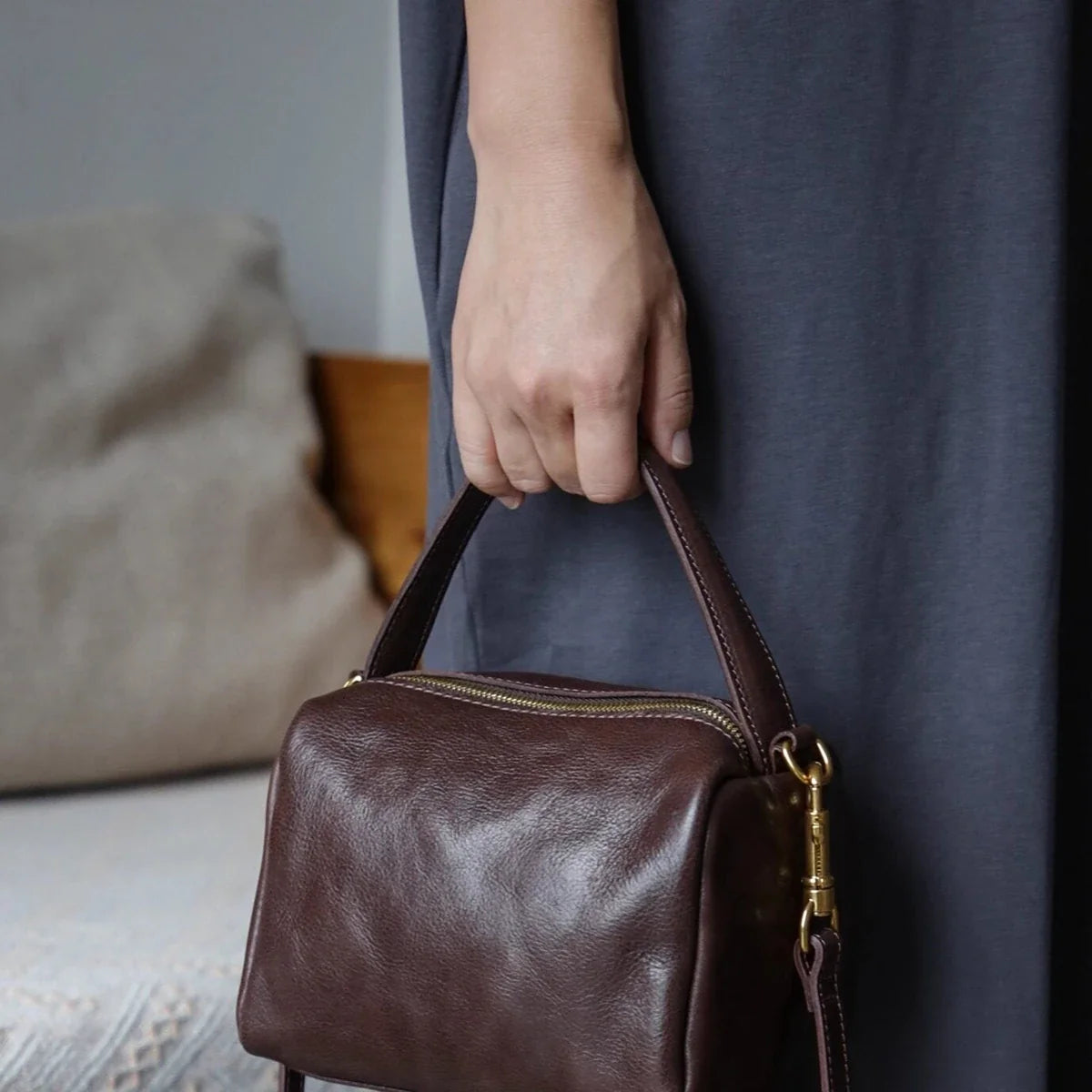 Women's coffee brown top-grain cowhide square bag with top handle