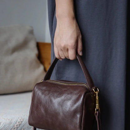 Women's coffee brown top-grain cowhide square bag with top handle