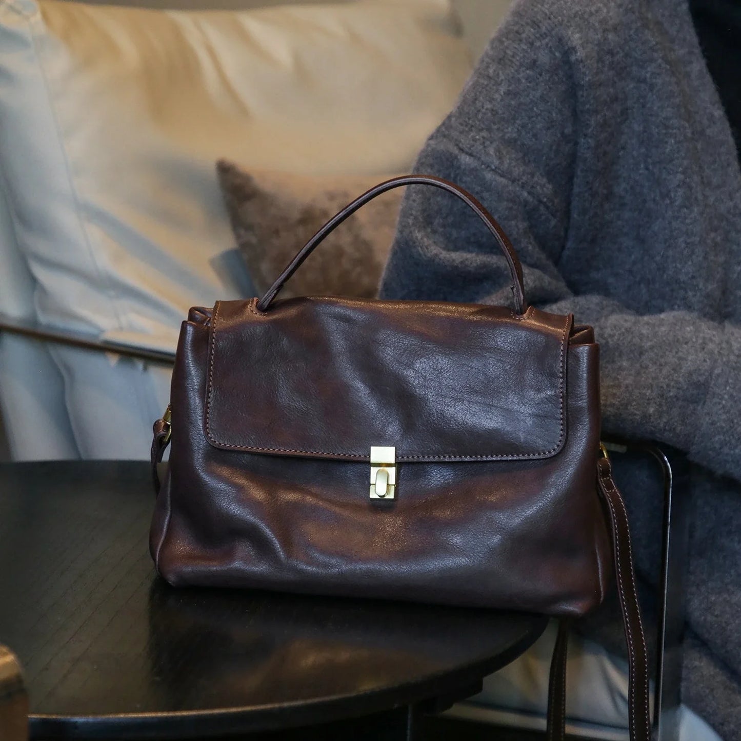 Coffee Brown vegetable-tanned top-grain leather tote bag, front view
