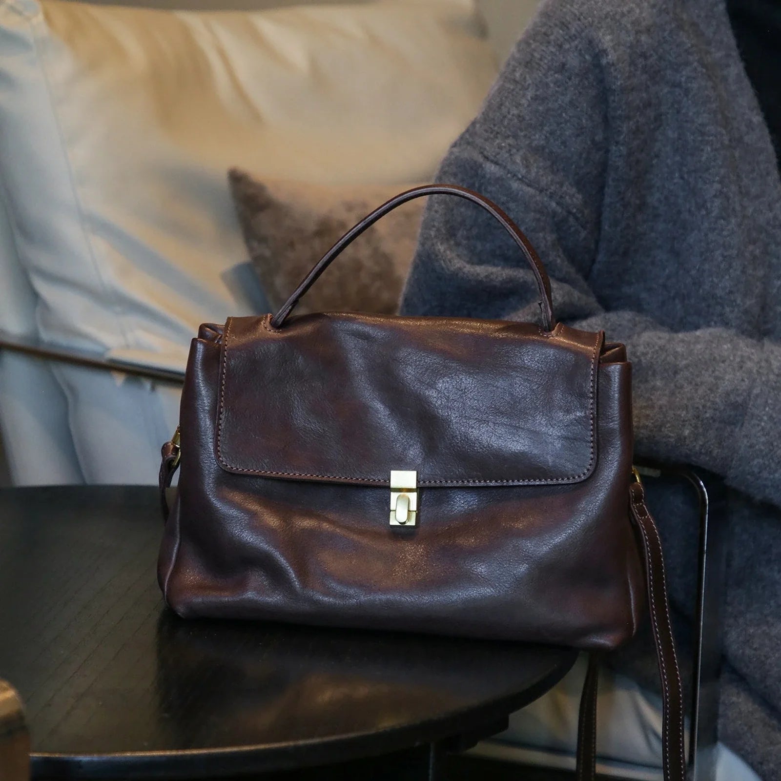 Coffee Brown vegetable-tanned top-grain leather tote bag, front view