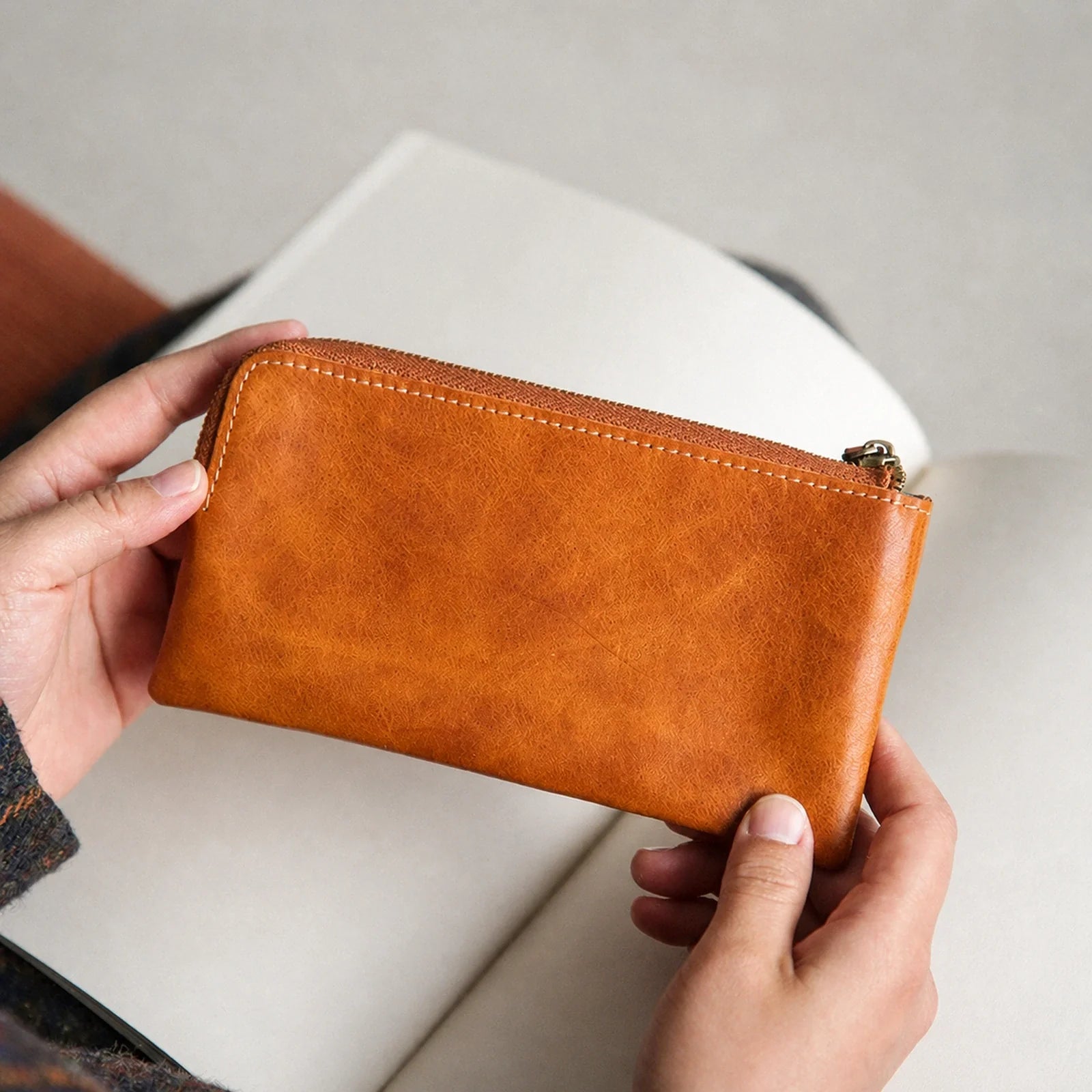 Cognac Brown top-grain leather long wallet, front view