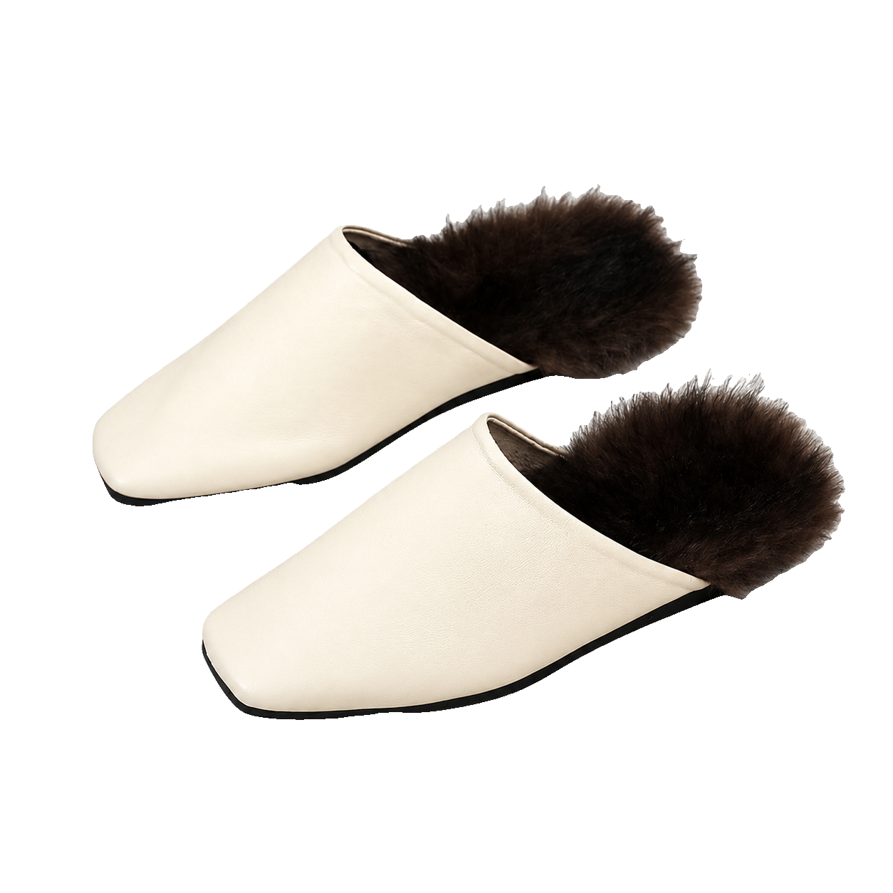 Cream genuine mink fur-trim closed-toe mule slippers on a transparent background