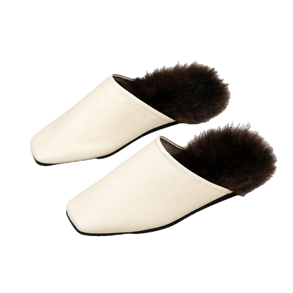 Cream genuine mink fur-trim closed-toe mule slippers on a transparent background