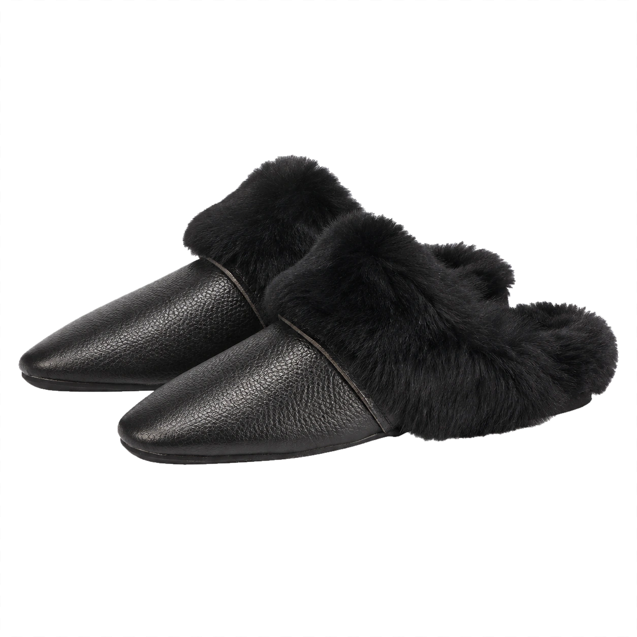 Black genuine cowhide and rabbit fur mule slippers pair on a transparent background