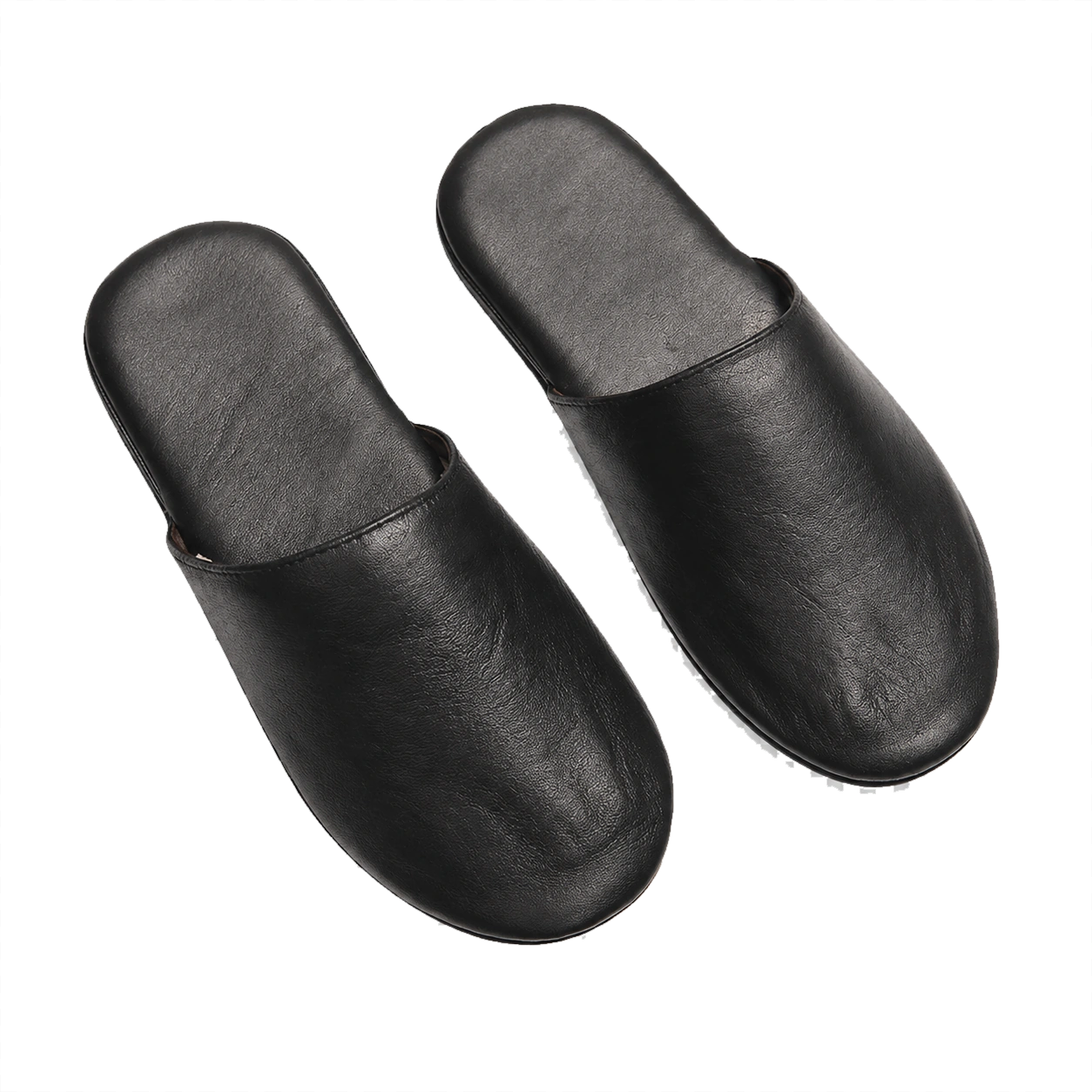 Black lambskin foldable travel slippers pair on a transparent background