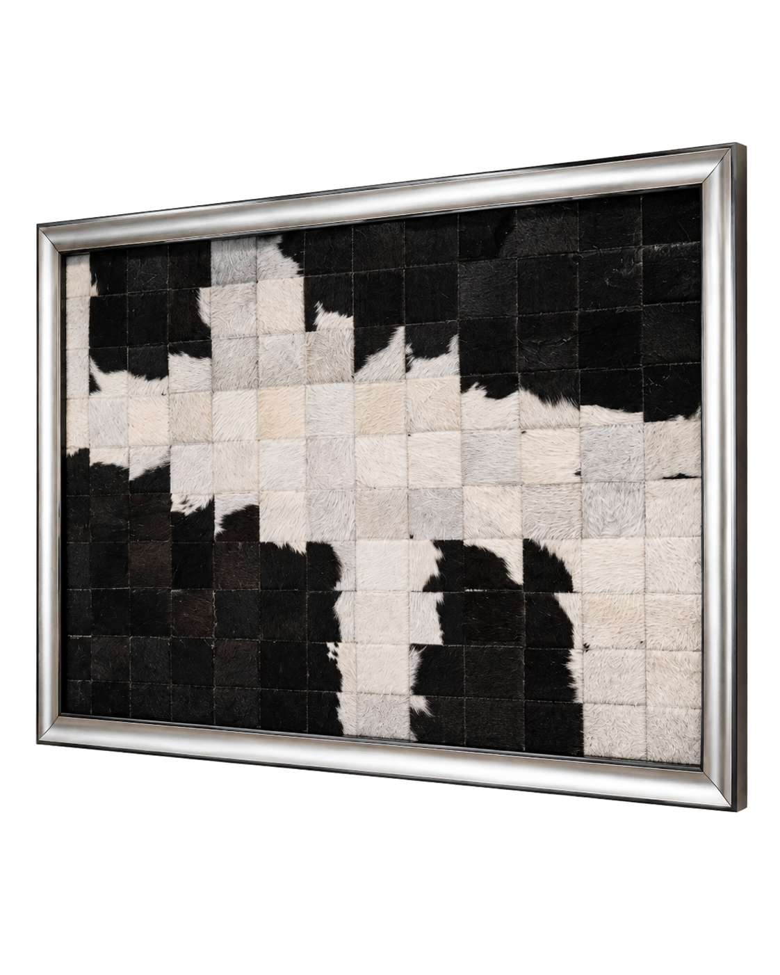 Black and ivory framed genuine cowhide patchwork wall art on a transparent background