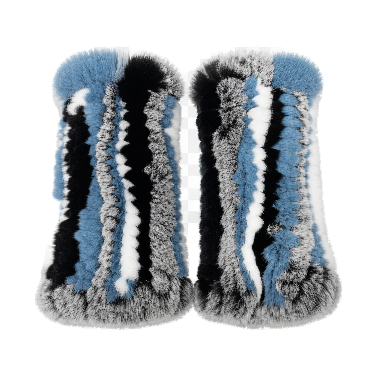 Blue Black Stripe genuine Rex rabbit fur fingerless mittens, transparent product view
