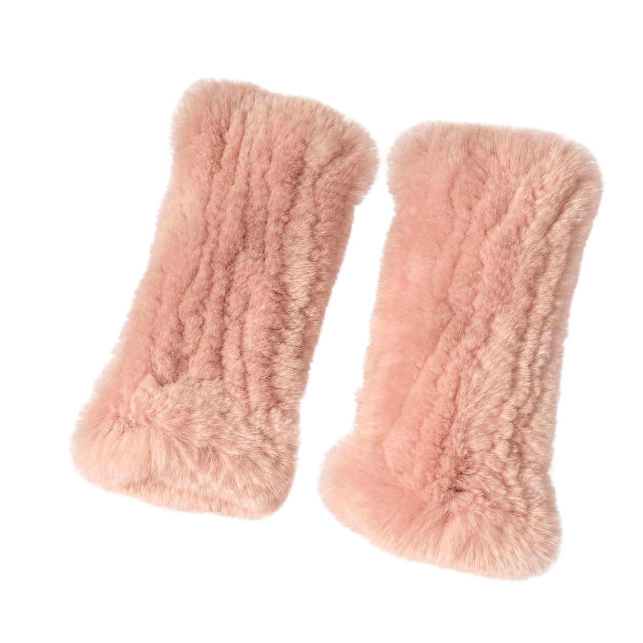 Blush Pink genuine Rex rabbit fur fingerless mittens, transparent product view