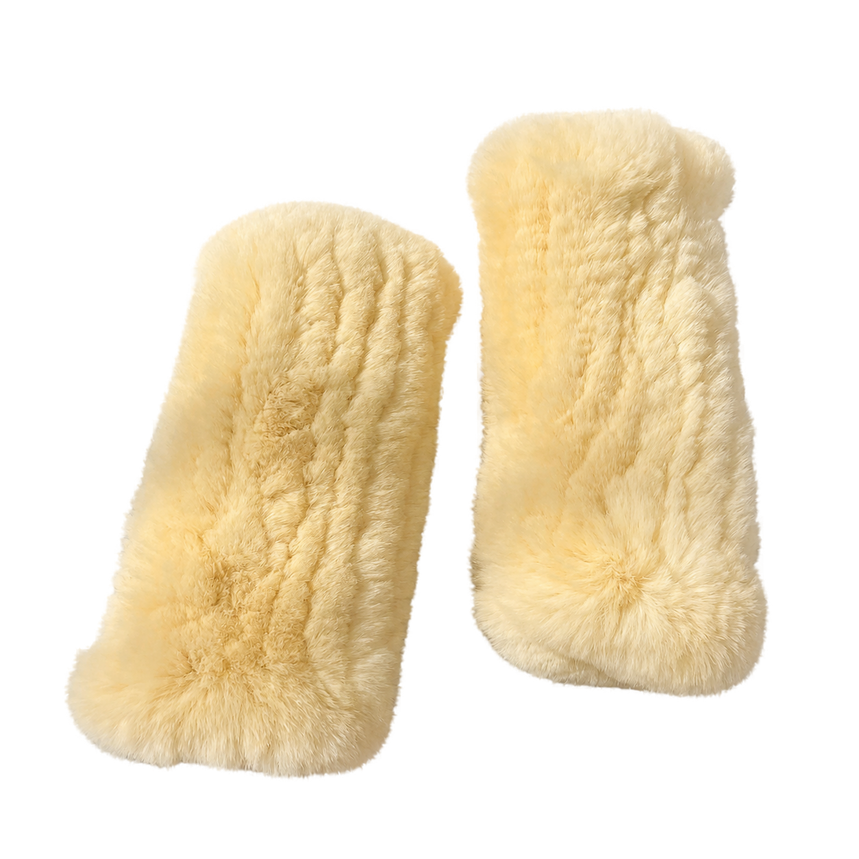 Butter Yellow genuine Rex rabbit fur fingerless mittens, transparent product view