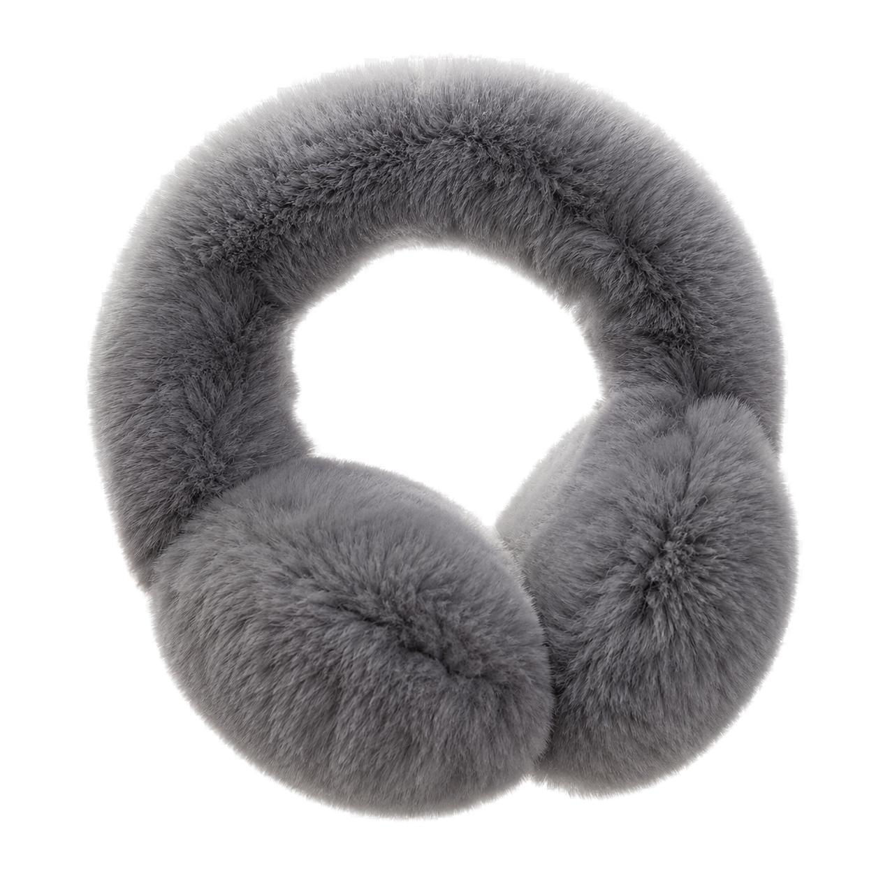 Charcoal Gray genuine Rex rabbit fur adjustable earmuffs, transparent product view