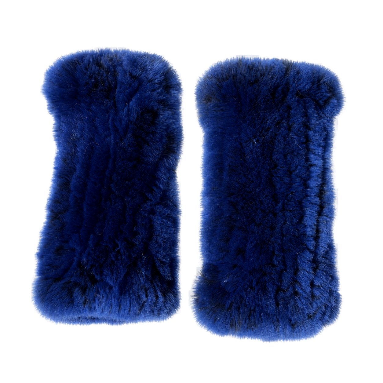 Cobalt Blue genuine Rex rabbit fur fingerless mittens, transparent product view