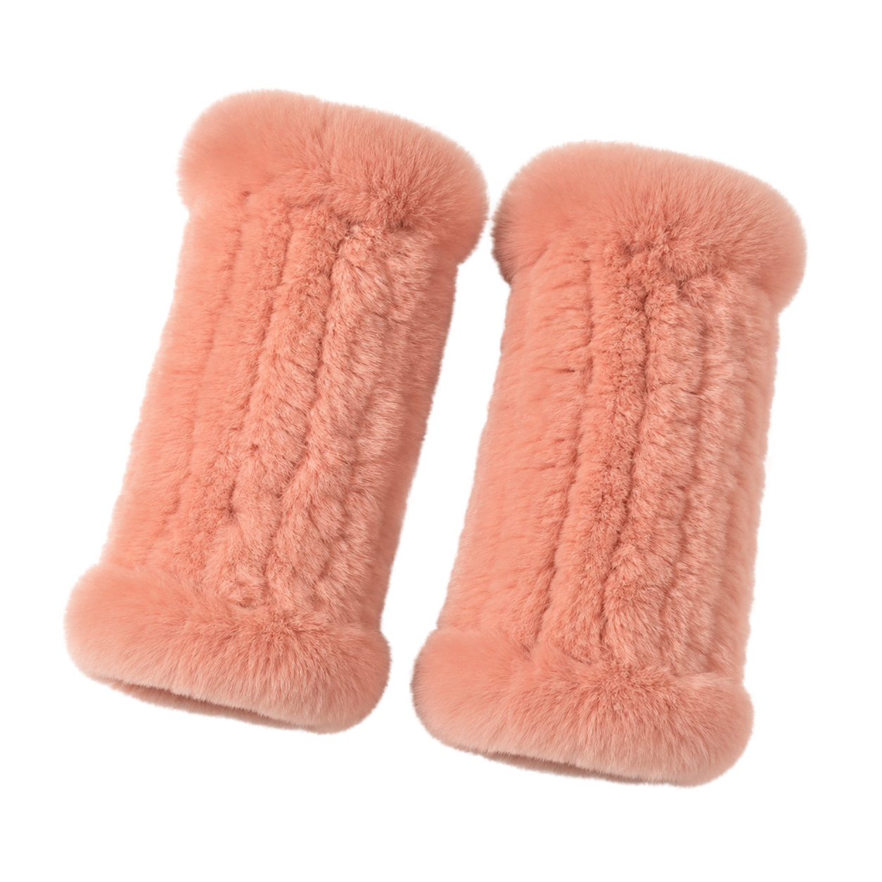 Coral genuine Rex rabbit fur fingerless mittens, transparent product view