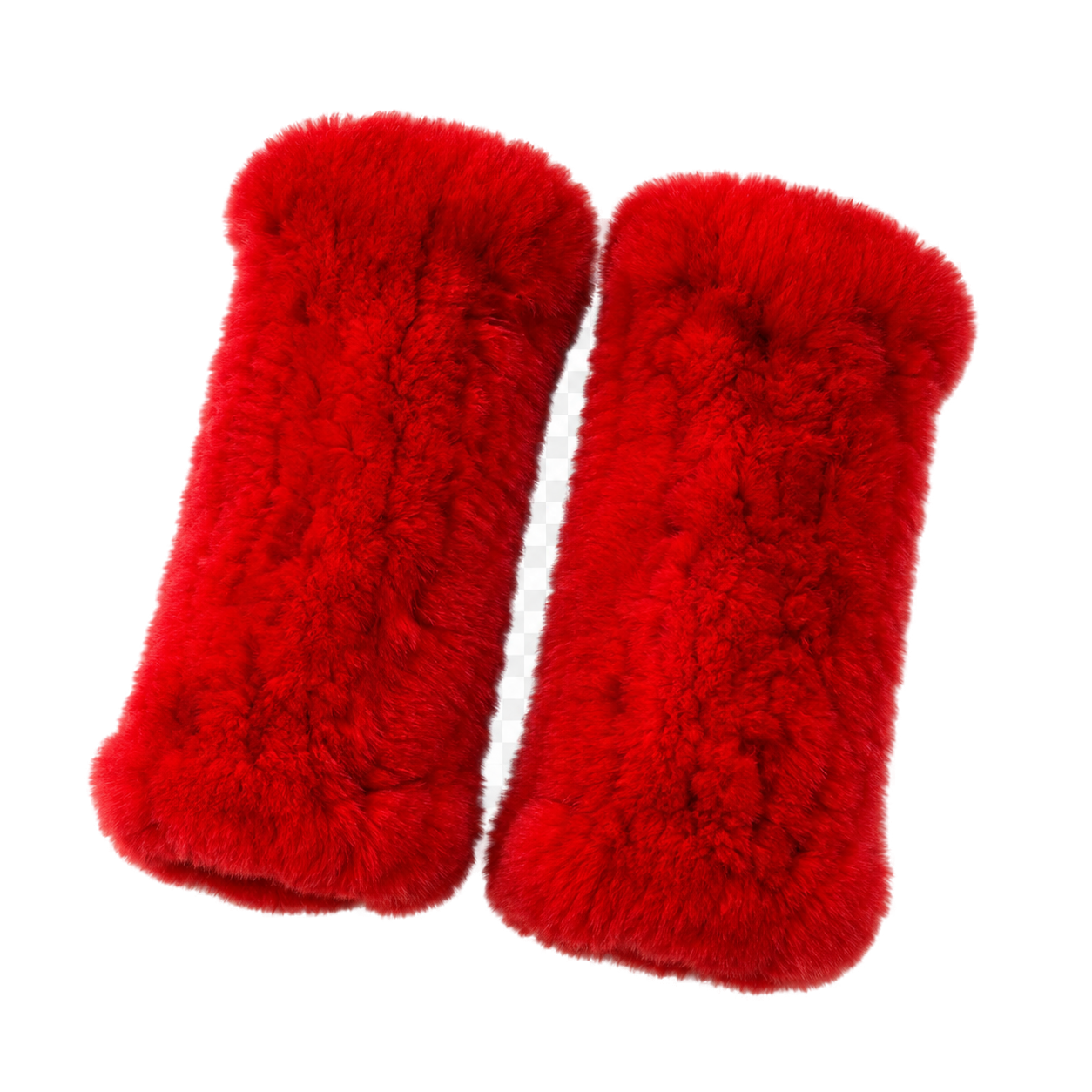 Crimson Red genuine Rex rabbit fur fingerless mittens, transparent product view